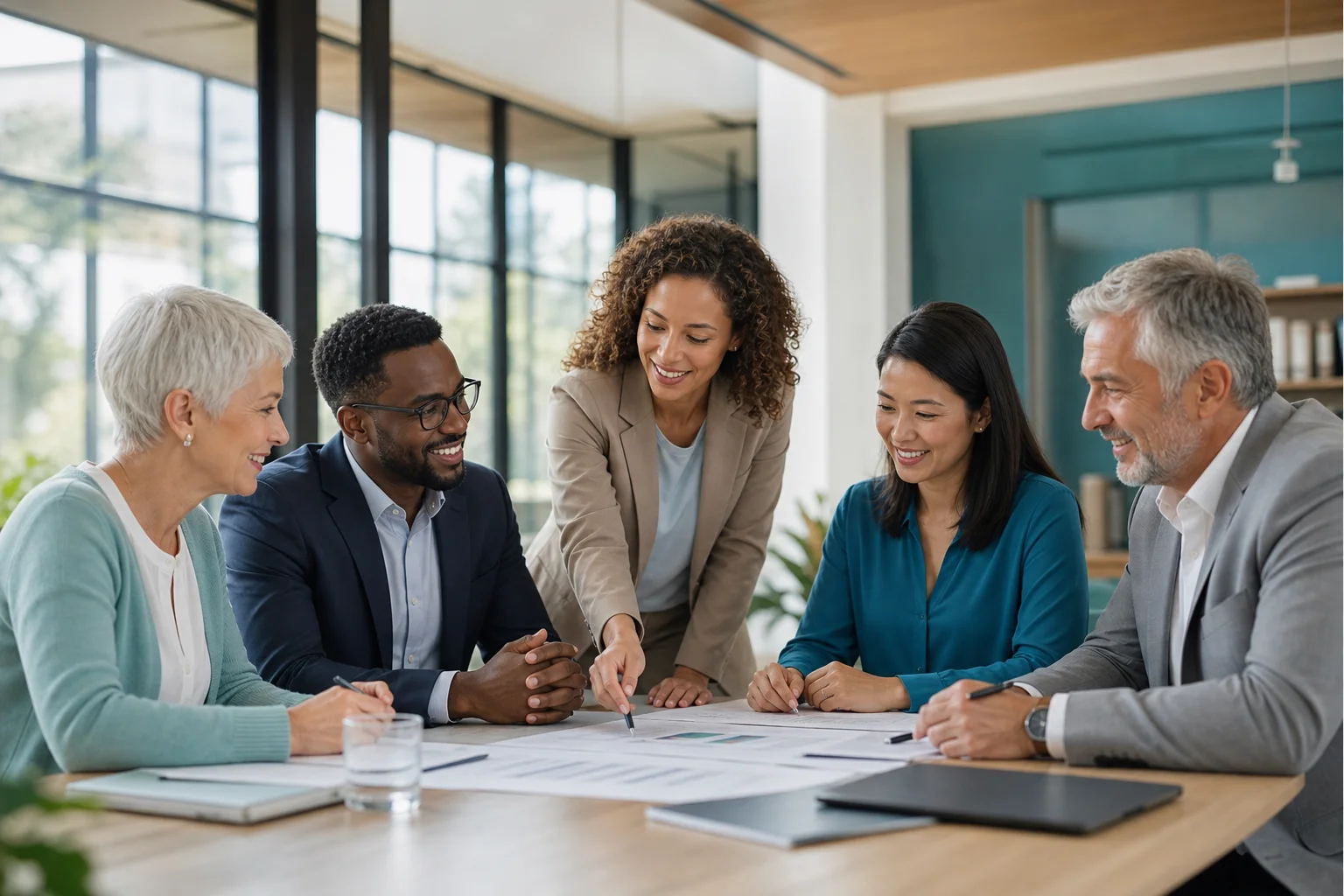 Nonprofit board members and volunteers reviewing plans together around a table