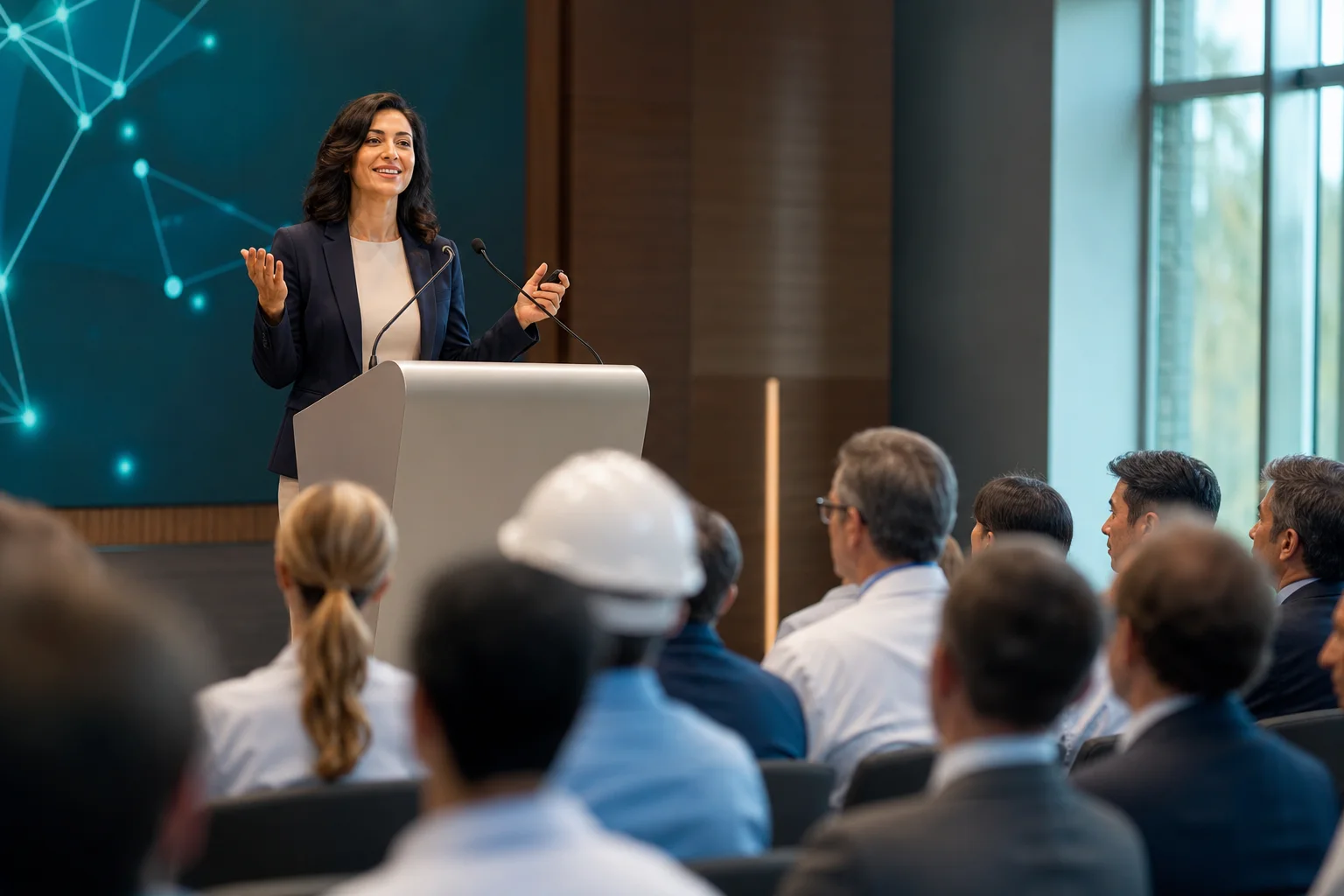 A speaker presenting from a podium to a professional society meeting