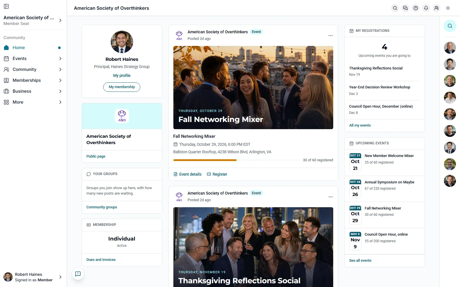 The member home in Melora Connect, with the member's profile, a photo post for an upcoming social, and their event registrations