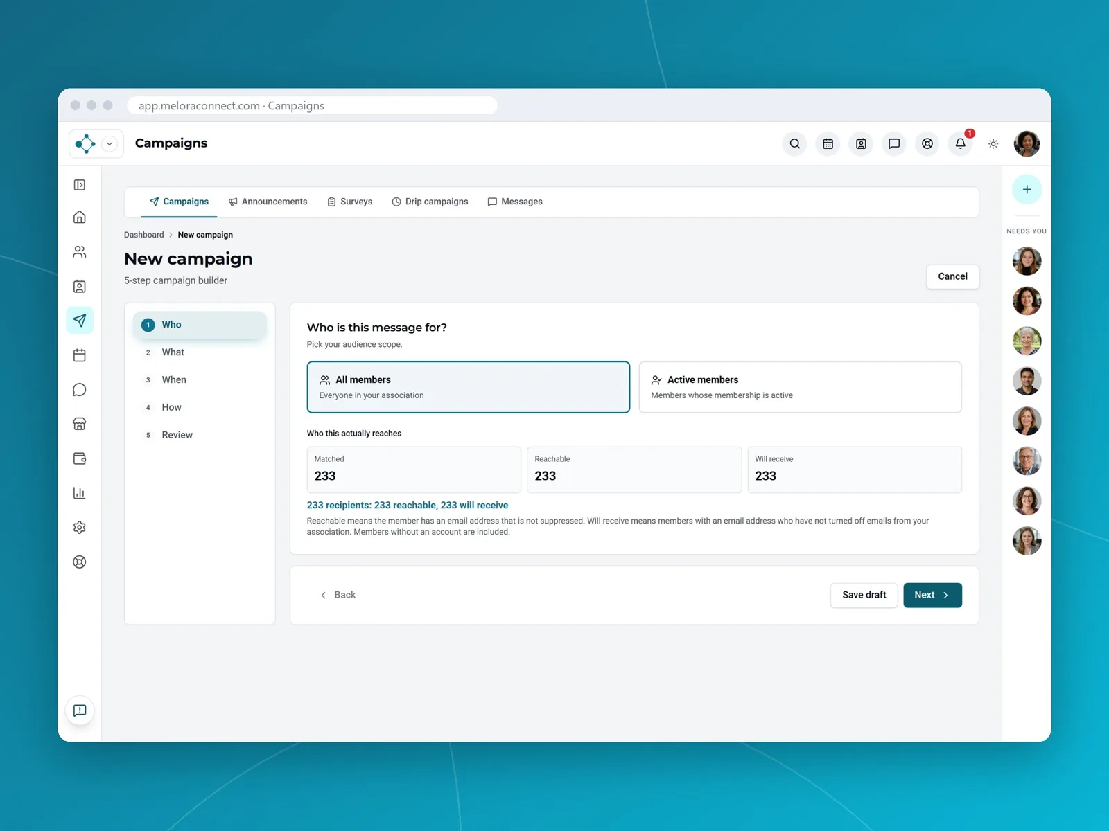 The campaign builder in Melora Connect: choosing the audience, with how many members the campaign matches, can reach and will receive