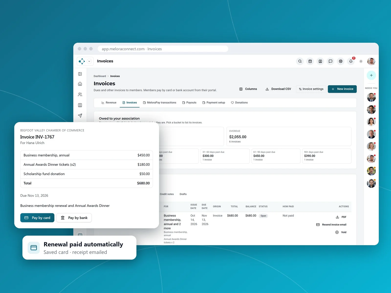 Invoices in Melora Connect: what members owe by how long it is past due, and an invoice a member pays by card or bank