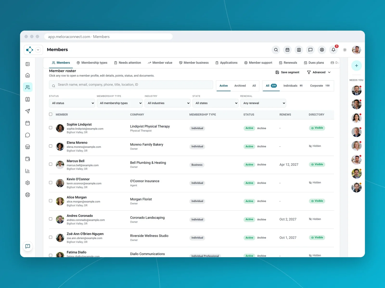 The member roster in Melora Connect with each member's photo, company, membership type, status, renewal date and directory visibility