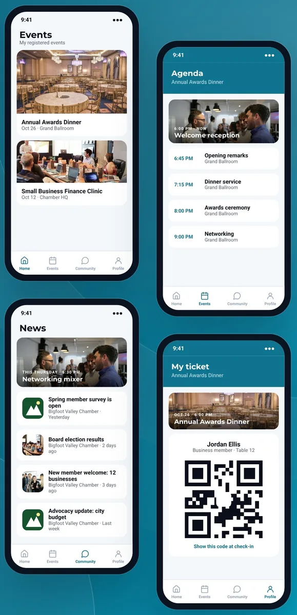 Four screens of the Melora Connect Go members app: registered events, an event agenda, organization news, and a ticket with a QR code for check-in